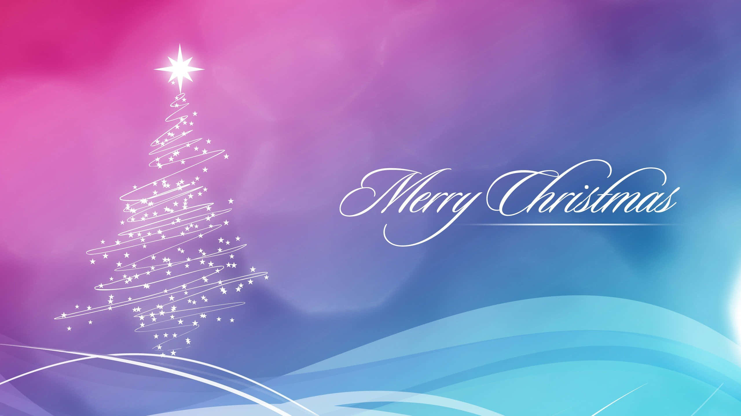 1920x1080 HD Christmas 桌布 壁紙 — 一棵風格化的白色聖誕樹，飾有星星，頂端有一顆明亮的星星，矗立在粉紅到藍色的漸變天空前，旁邊優雅地寫著「Merry Christmas」。