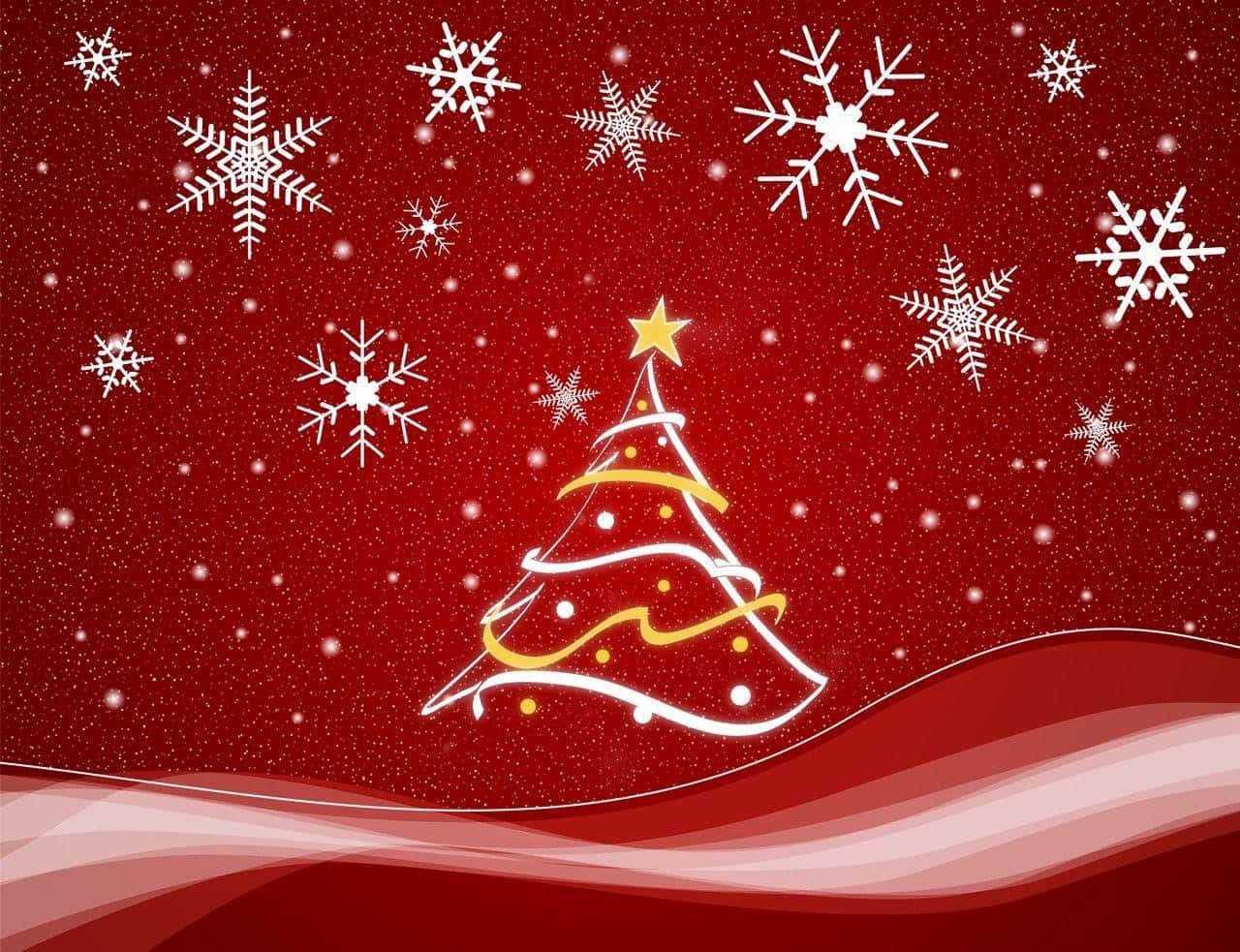 Red Aesthetic Christmas 桌布 壁紙 — 一棵風格化的白色聖誕樹，飾有金色裝飾和星星光芒，背景是閃爍的紅色，雪花飄落。