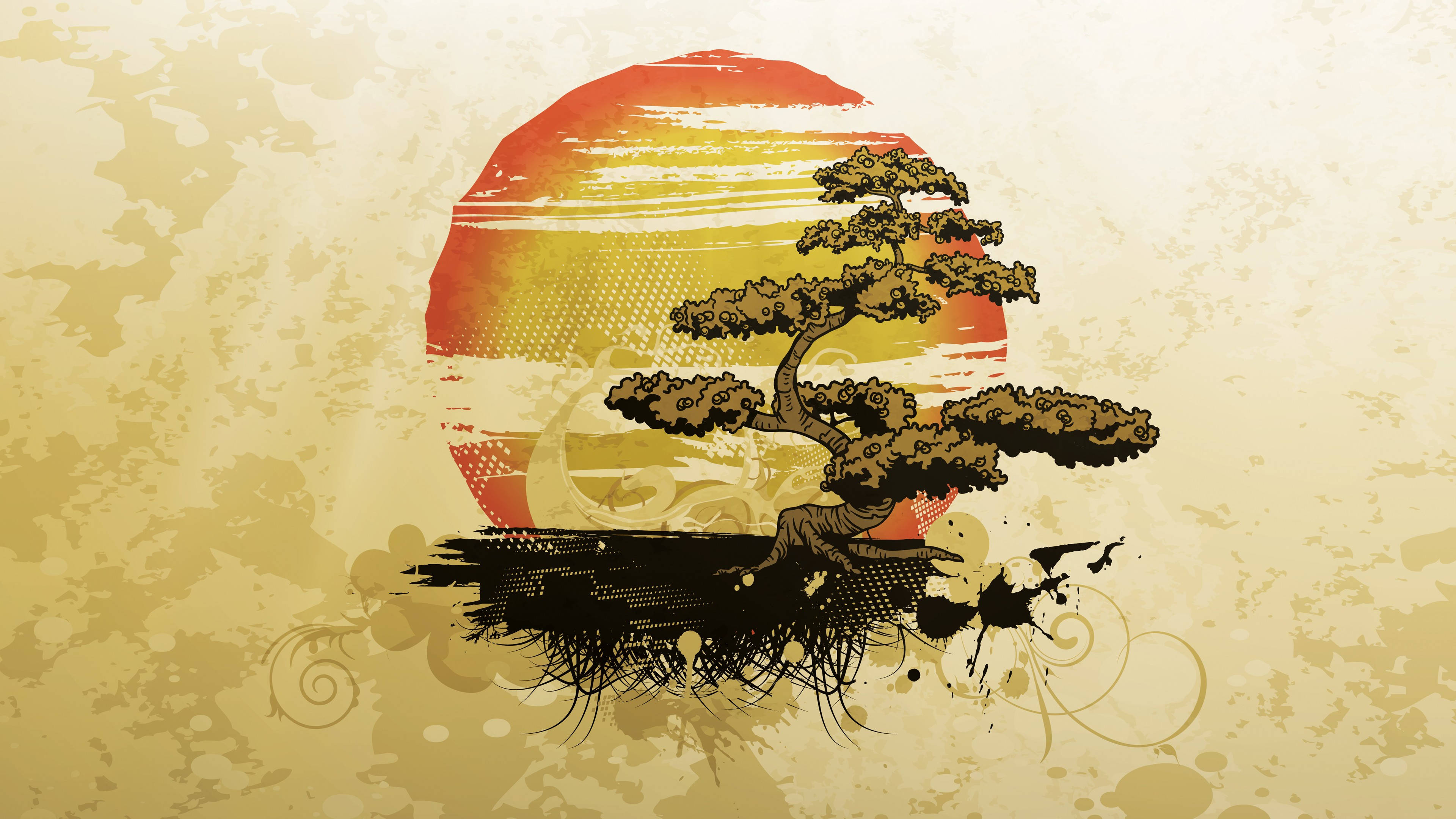 Deco 桌布 壁紙 — 一棵風格化的盆景樹矗立在紋理豐富的日落前，帶有層疊的橙、黃、紅色調，背景為粗獷的米色。