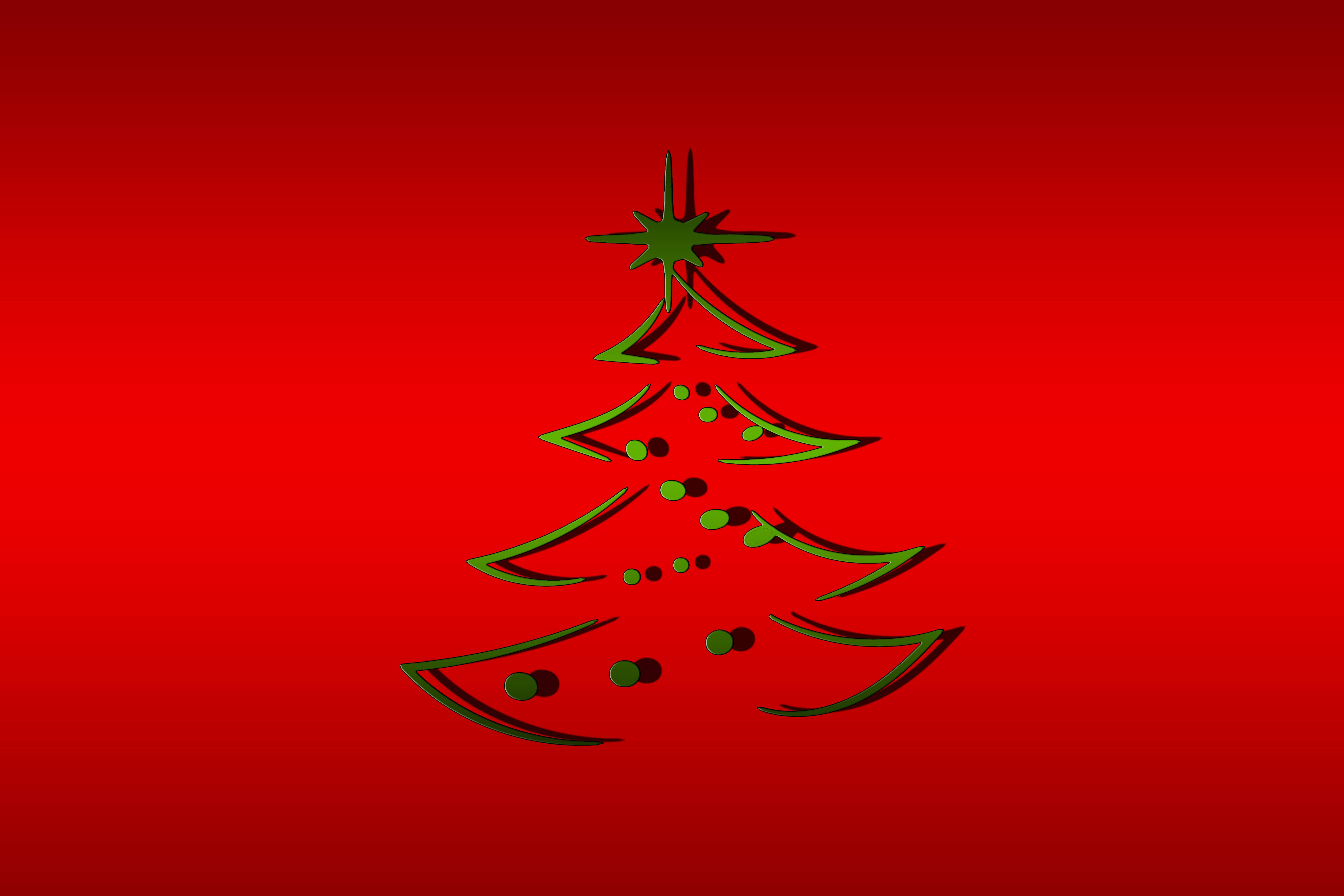 Red Christmas 桌布 壁紙 — 一棵風格化的綠色聖誕樹，帶有星星和裝飾品，在鮮紅色的漸變背景中央。