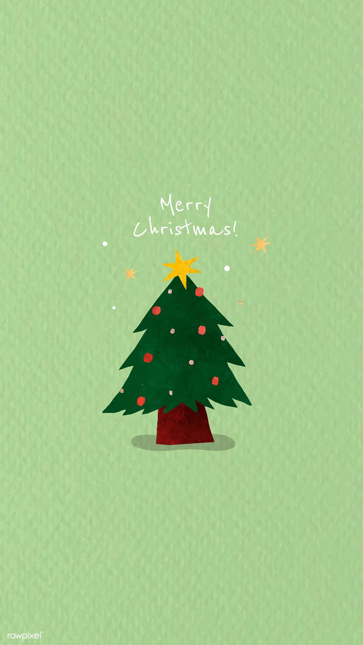 Cute Christmas Tree 桌布 壁紙 — 一棵風格化的綠色聖誕樹，帶有紅色裝飾和黃色星星，站在有紋理的薄荷色背景上，並帶有「聖誕快樂！」文字。