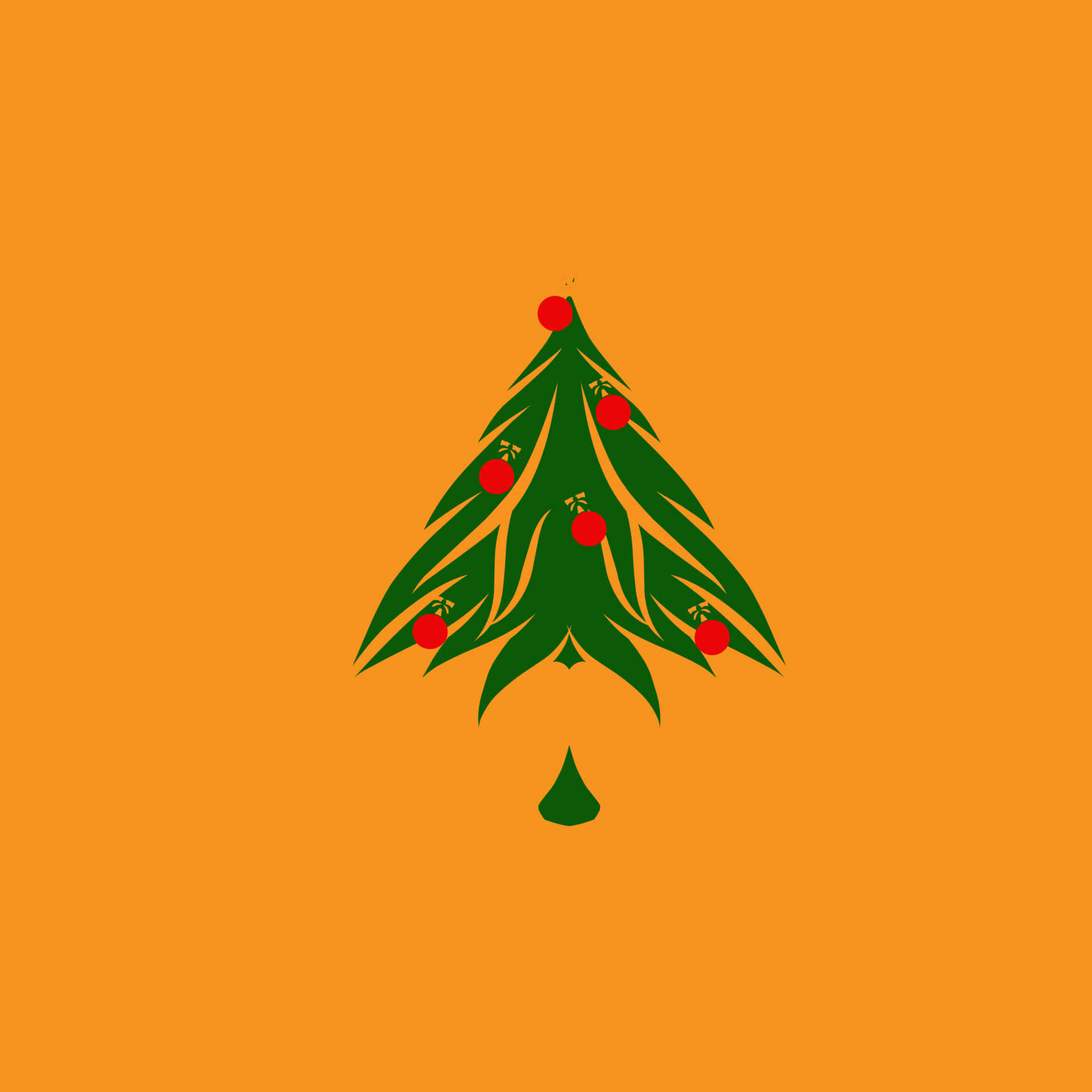 Minimalist Christmas Desktop 桌布 壁紙 — 一棵風格化的綠色聖誕樹，帶有紅色裝飾，居中放置在純橙色背景上。