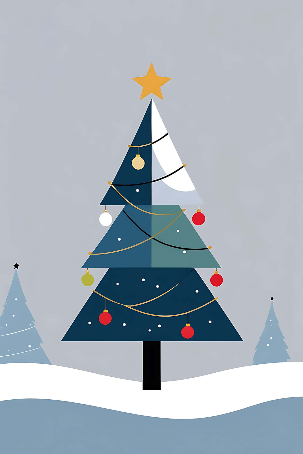 Modern christmas tree in snowy landscape 壁紙 — 一棵風格化的聖誕樹，帶有幾何形狀的區塊，裝飾著紅色、白色和金色的飾品，頂部有一顆黃色星星，背景為柔和的灰色。