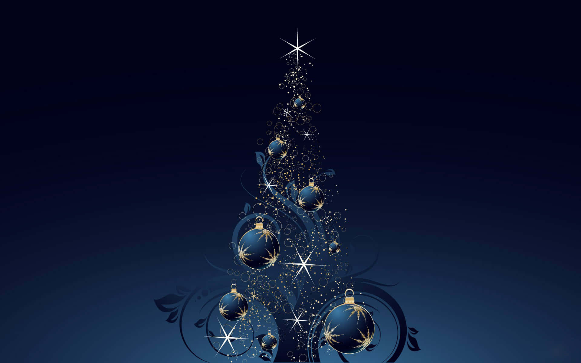 3d Christmas 桌布 壁紙 — 一棵風格化的聖誕樹，裝飾著閃閃發光的金色飾品和星星，背景是深藍色漸變。