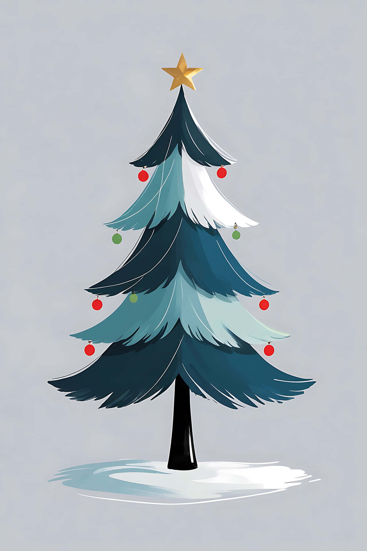 Decorated christmas tree with star topper 壁紙 — 一棵風格化的藍色聖誕樹，帶有紅色和綠色的裝飾品，頂部有一顆金色星星，立在雪地上，背景為灰色。