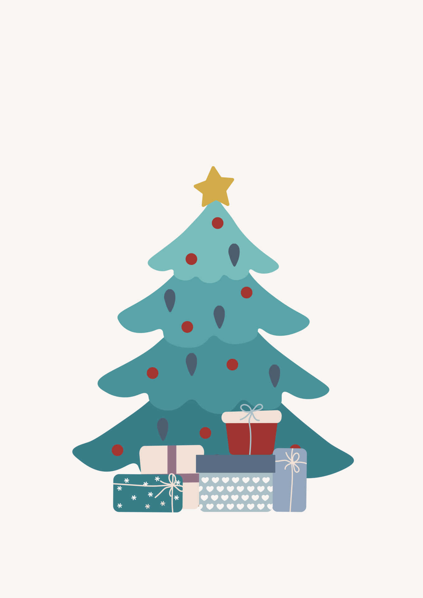 Cute Simple Christmas 桌布 壁紙 — 一棵風格化的青綠色聖誕樹，裝飾著紅色飾品和金色星星，底部放有包裝好的禮物。
