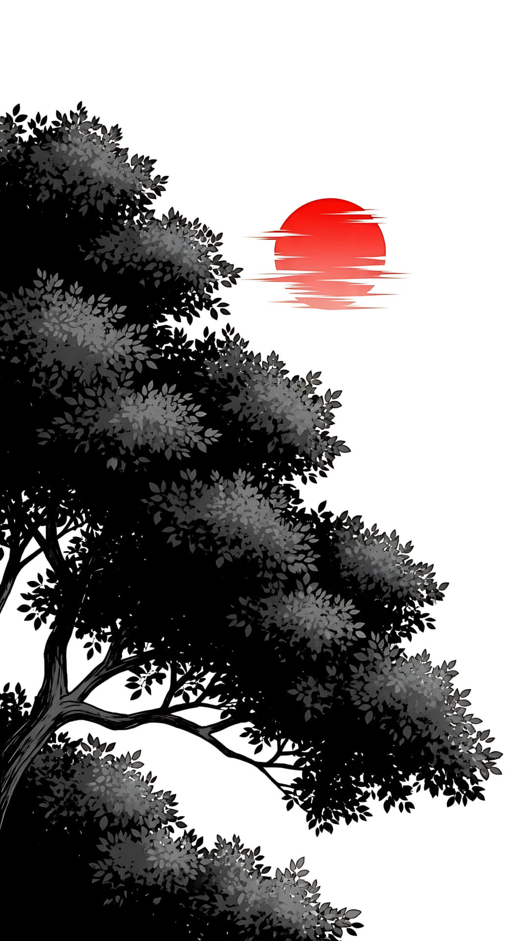 Tree Sunset Ink 壁紙 — 一棵風格化的黑白樹影框住了平靜水面上夕陽西下的鮮紅太陽。