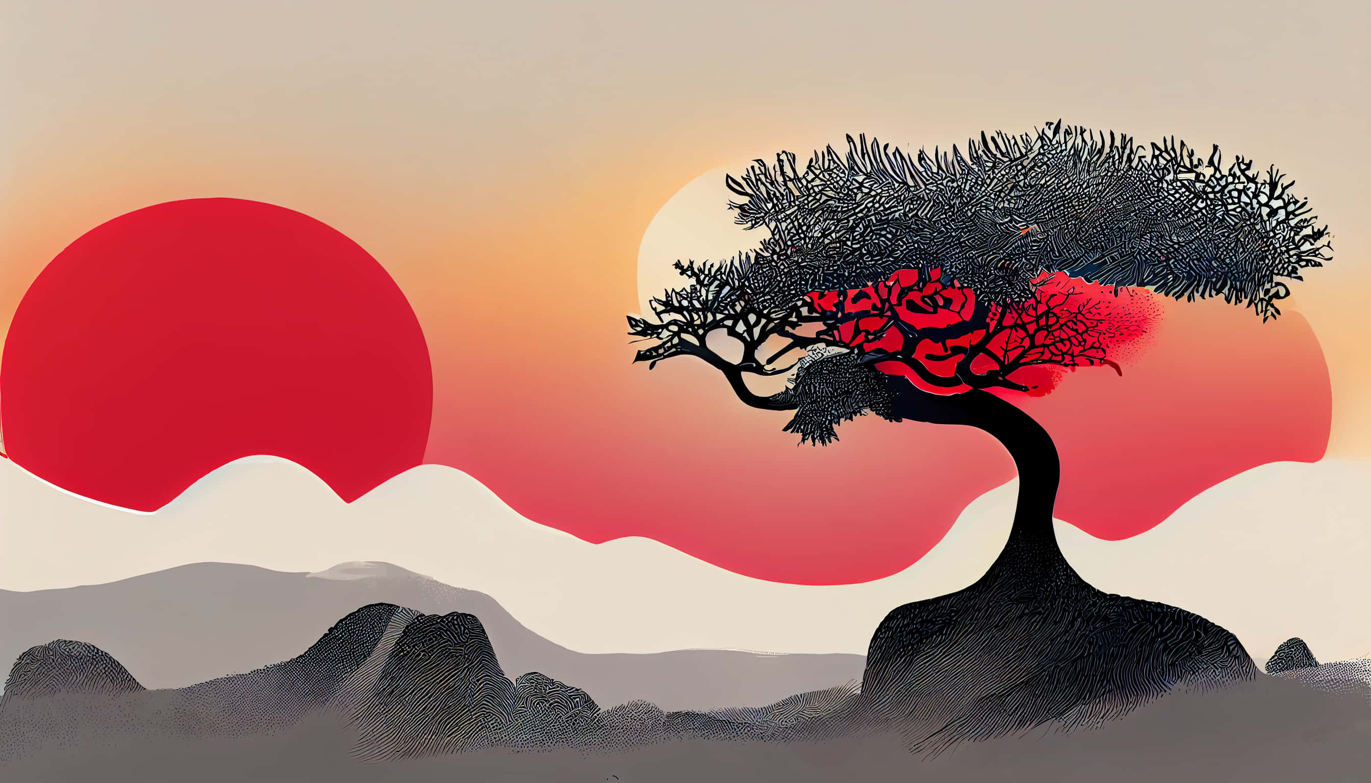Cool Japanese Tree 桌布 壁紙 — 一棵風格化的黑色樹木，帶有紅色花朵，矗立在漸變的日落天空前，有兩個大太陽和層疊的山脈。