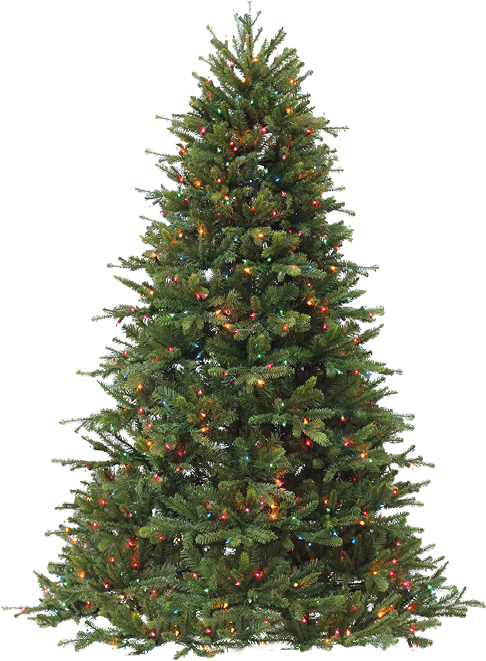 Artificial Christmas Tree 桌布 壁紙 — 一棵高大的常綠聖誕樹，裝飾著彩色燈光，灑滿雪花，背景為黑色。