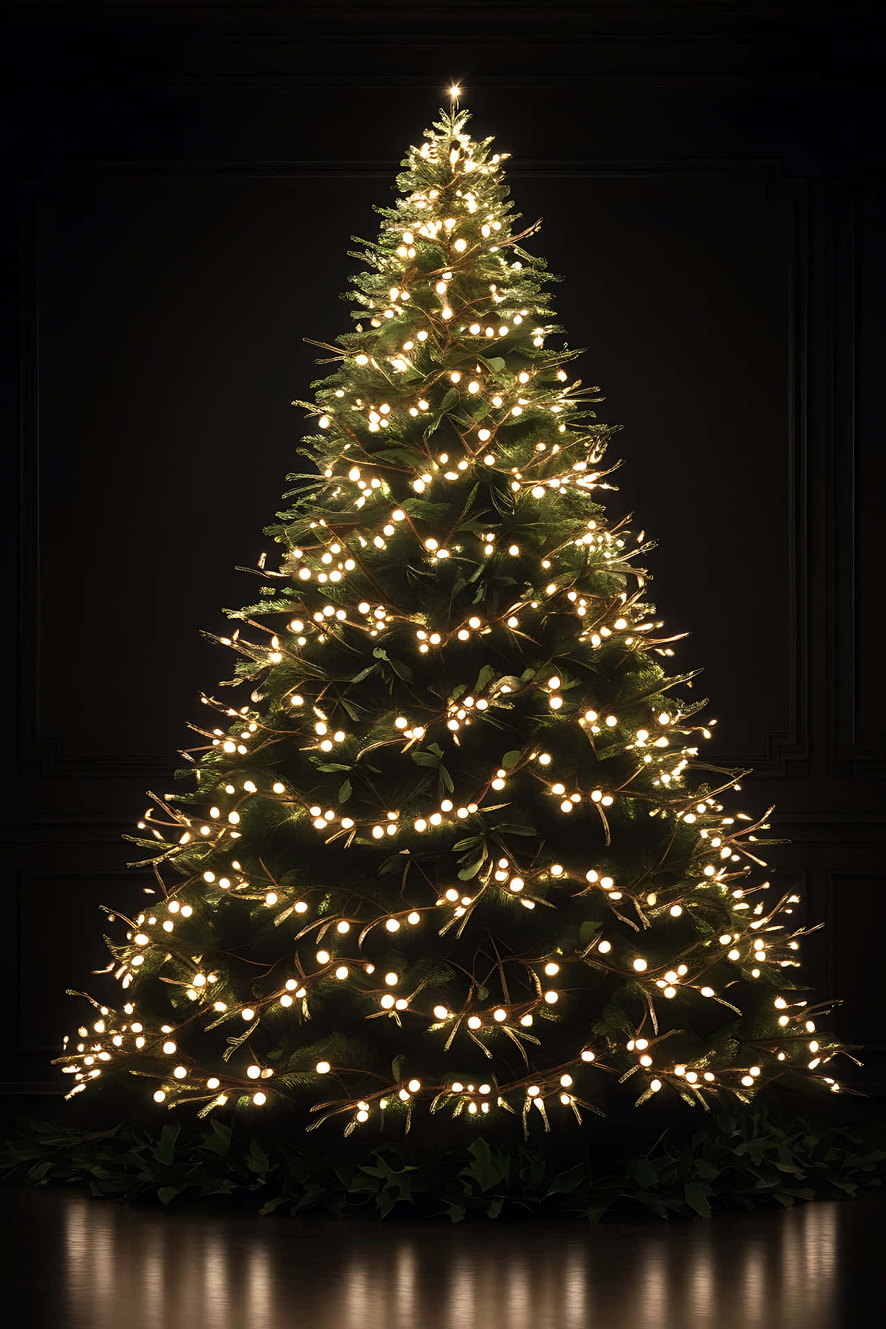 Illuminated christmas tree 壁紙 — 一棵高大的常綠聖誕樹，裝飾著溫暖發光的燈串，立在深色鑲板牆和反光地板前。