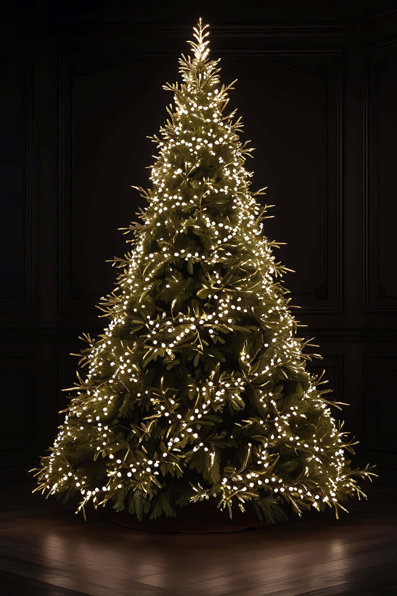 Elegant christmas tree with white lights 壁紙 — 一棵高大的常綠聖誕樹，裝飾著溫暖發光的仙女燈，矗立在黑暗的鑲板房間中央。