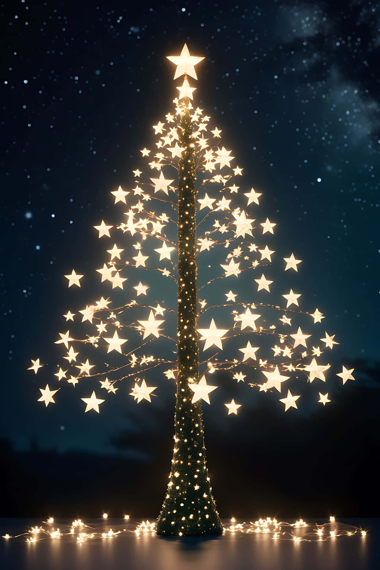 Illuminated star christmas tree 壁紙 — 一棵高大的樹木點綴著發光的金色星星燈光，矗立在繁星點點、雲朵散佈的夜空下。