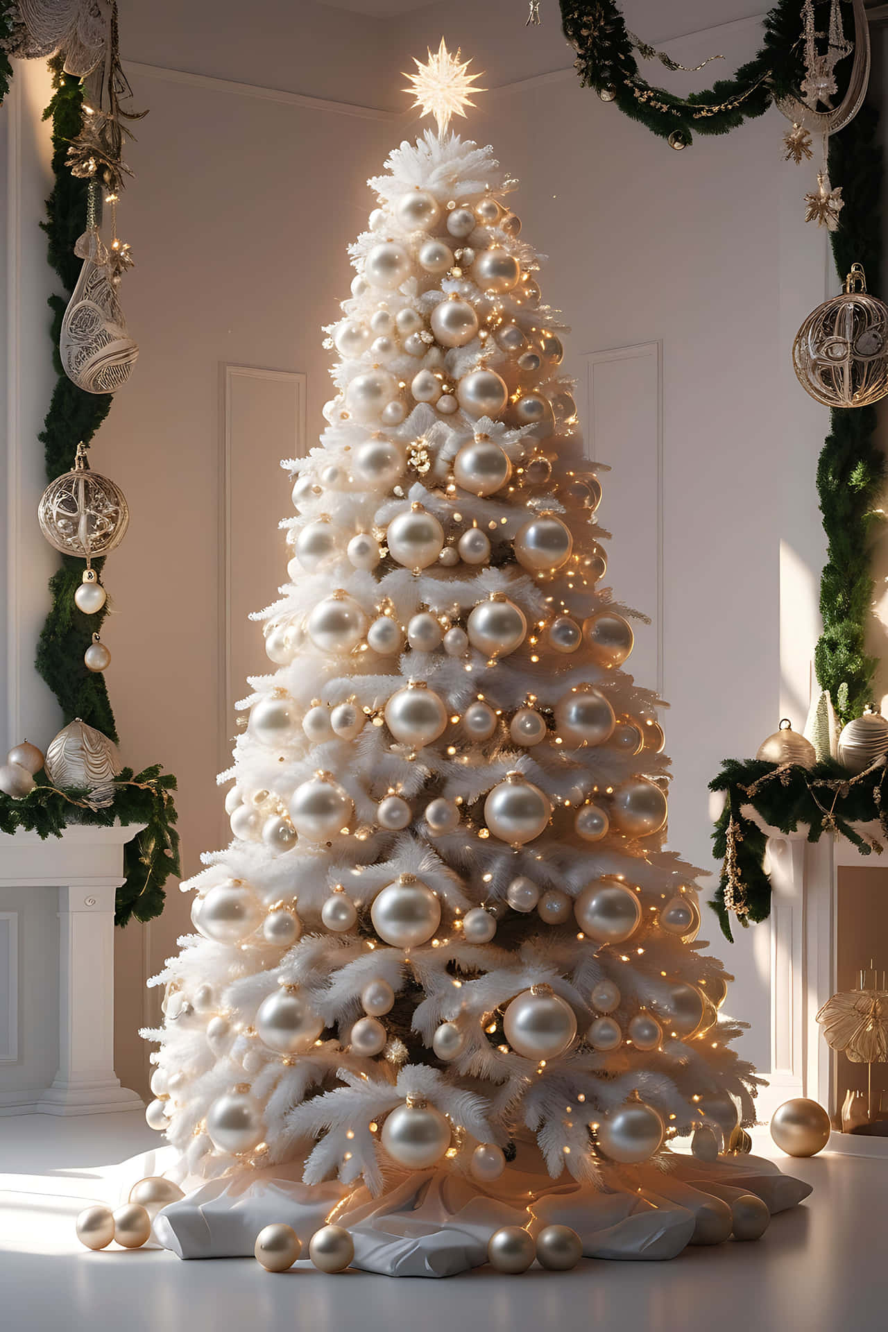 Elegant white christmas tree with pearls 壁紙 — 一棵高大的白色聖誕樹，裝飾著閃爍的金色飾品和溫暖的串燈，優雅地矗立在陽光充足的房間裡，房間裡裝飾著綠色花環和華麗的懸掛飾球。