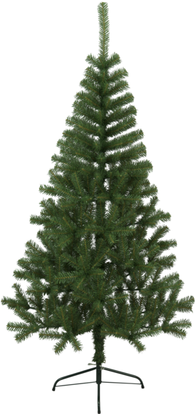 Artificial Christmas Tree 桌布 壁紙 — 一棵高大的綠色人造聖誕樹，樹葉濃密，直立於黑色金屬支架上，背景透明。