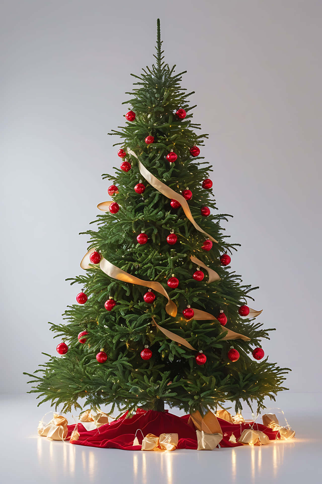 Decorated christmas tree with red ornaments and gold ribbons 壁紙 — 一棵高大的綠色聖誕樹，裝飾著紅色飾物、金色絲帶和閃爍的燈光，站在純白色背景前，底部有包裝好的禮物。