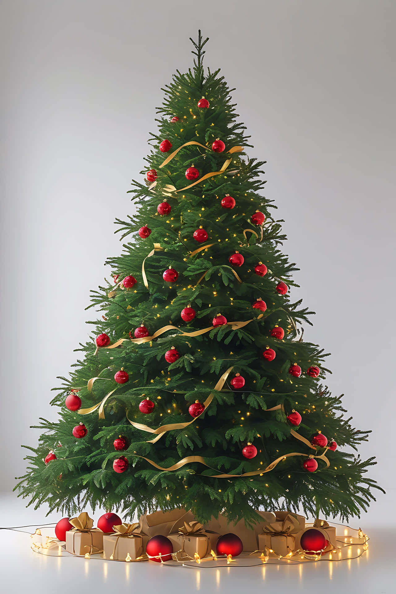 Elegant christmas tree with red ornaments 壁紙 — 一棵高大的綠色聖誕樹，裝飾著紅色飾品、金色絲帶和溫暖的燈串，矗立在純白色背景前，樹底有包裝好的禮物。