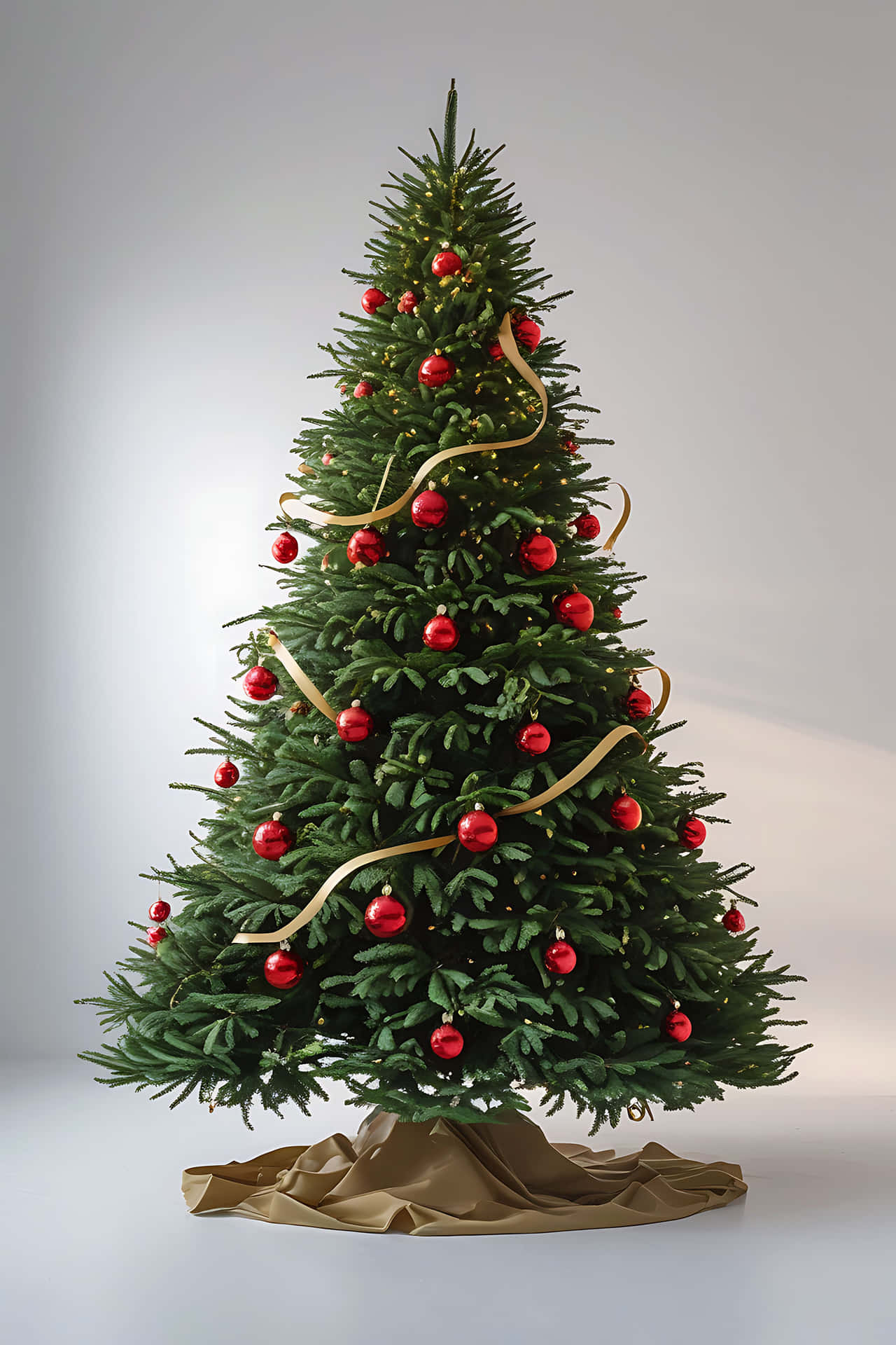 Decorated christmas tree with red ornaments 壁紙 — 一棵高大的綠色聖誕樹，裝飾著閃亮的紅色飾品和優雅的金色絲帶，背景是柔和的灰色。