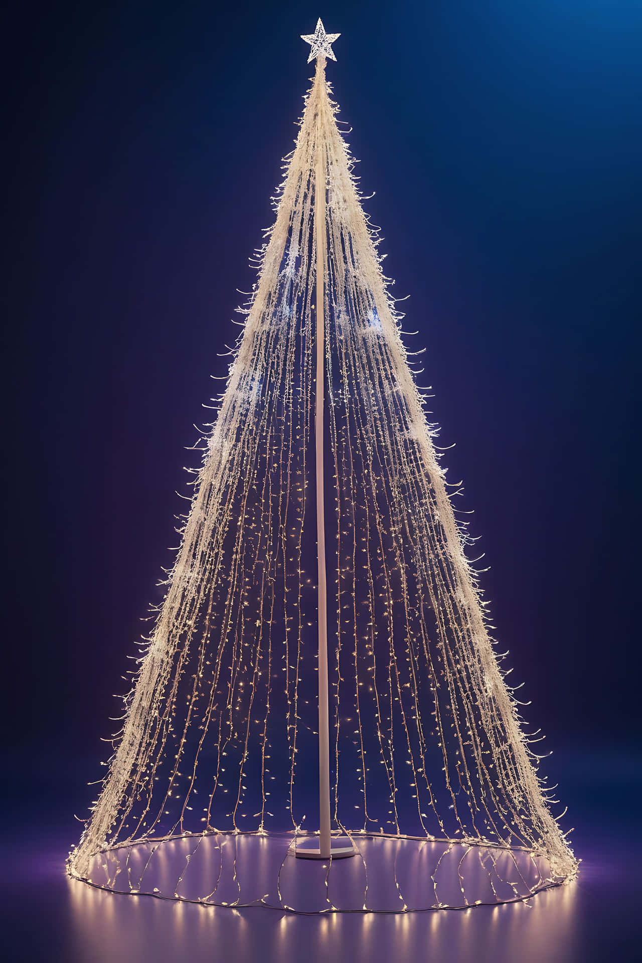 Illuminated christmas tree 壁紙 — 一棵高大的聖誕樹，由溫暖白色仙女燈串成瀑布狀，頂端有一顆閃亮的星星，背景是深藍色。