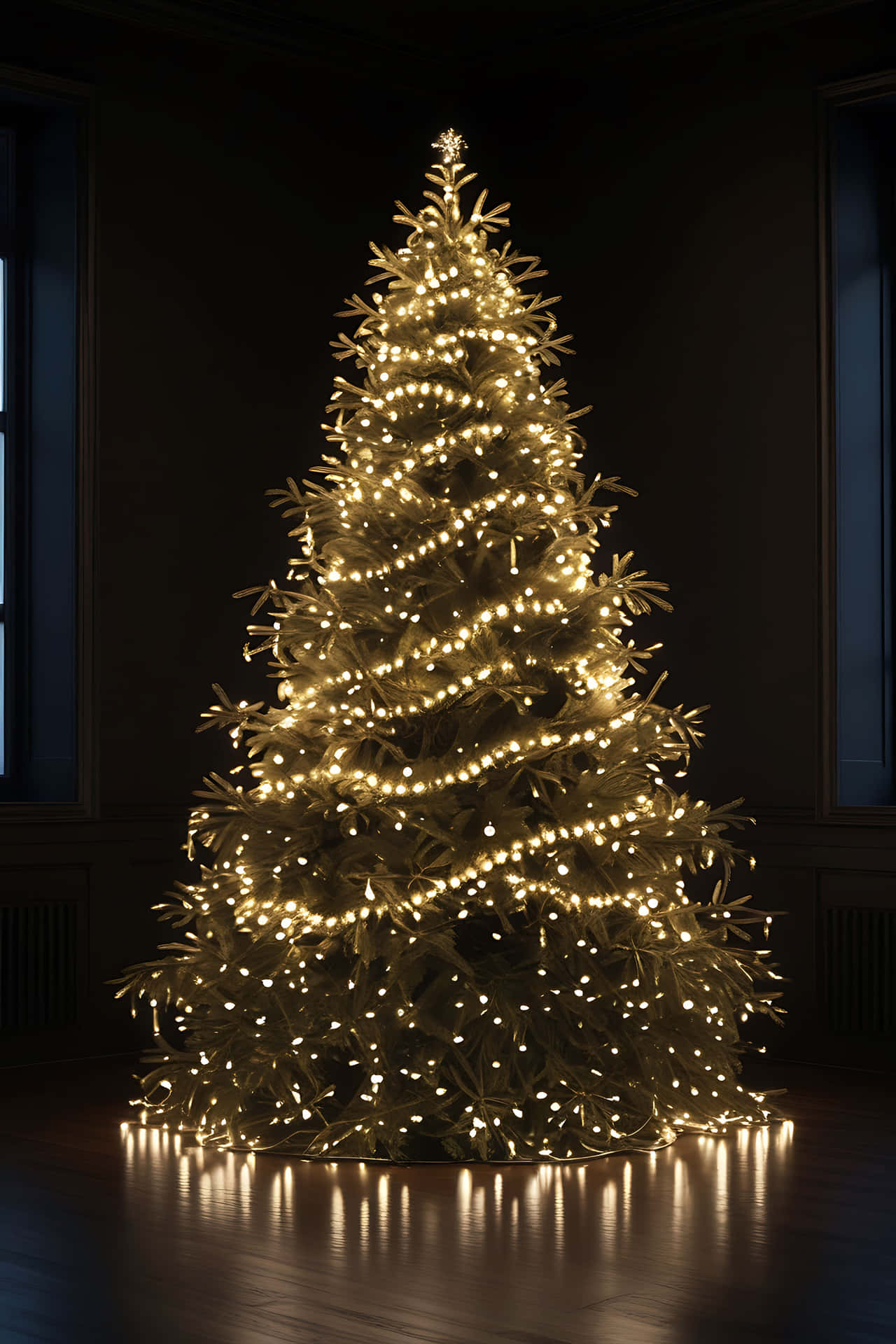 Illuminated christmas tree in cozy room 壁紙 — 一棵高大的聖誕樹，裝飾著溫暖發光的燈串，獨自矗立在一個有硬木地板的黑暗優雅房間裡。