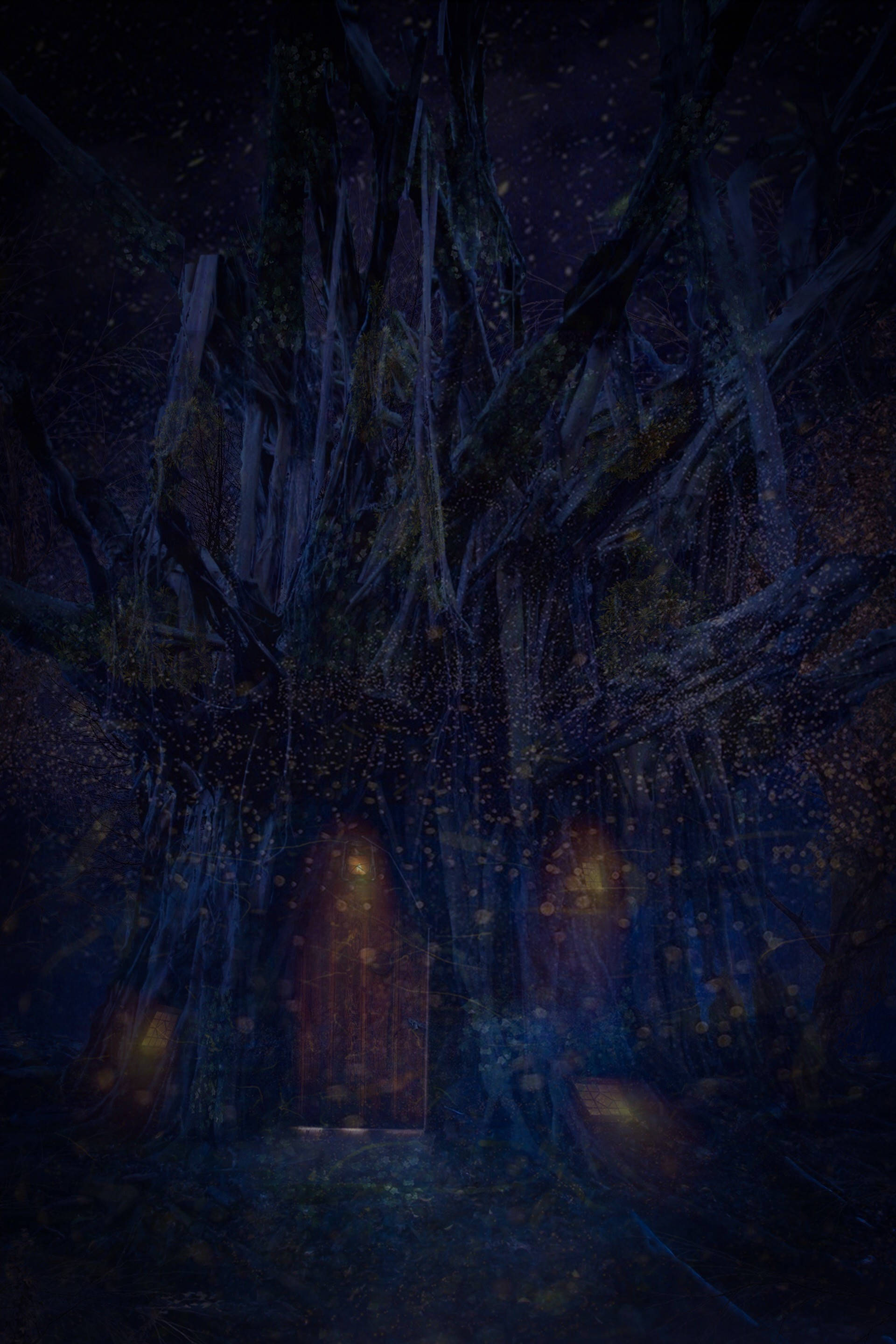 詭異的GIF 桌布 壁紙 — 一棵高聳的古樹，在黑暗神秘森林的夜晚，從其空心的樹幹中散發出琥珀色的光芒。