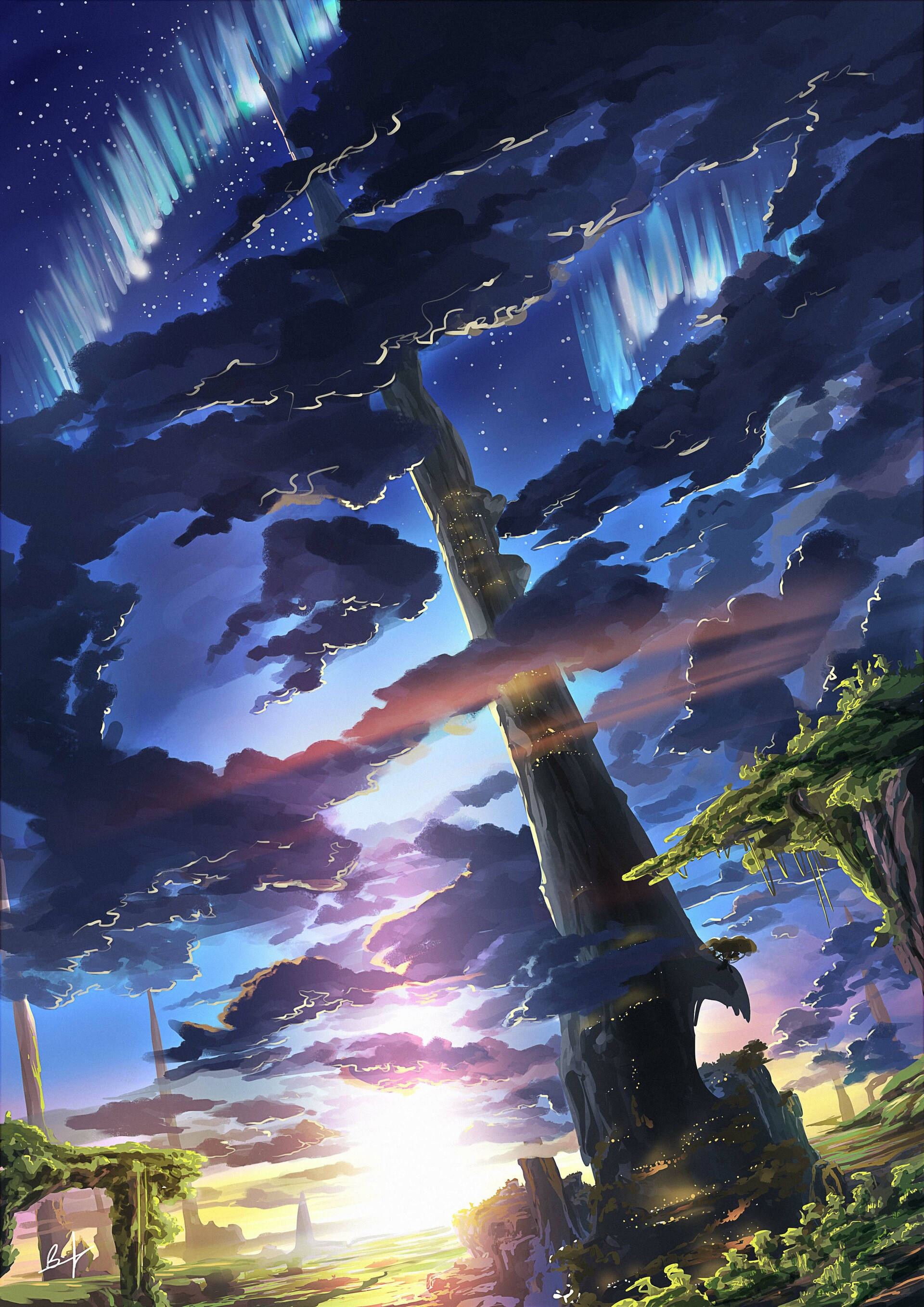 風景 桌布 壁紙 — 一棵高聳的古樹矗立在戲劇性的天空下，極光和閃耀的夕陽透過烏雲投射出溫暖的光芒。
