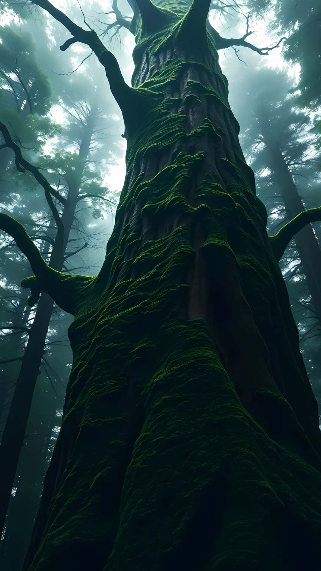 Giant Mossy Tree in Misty Ancient Forest 壁紙 — 一棵高聳的古樹覆蓋著鮮豔的綠色苔蘚，穿過霧氣瀰漫的森林樹冠，柔和散射的光線穿透而過。