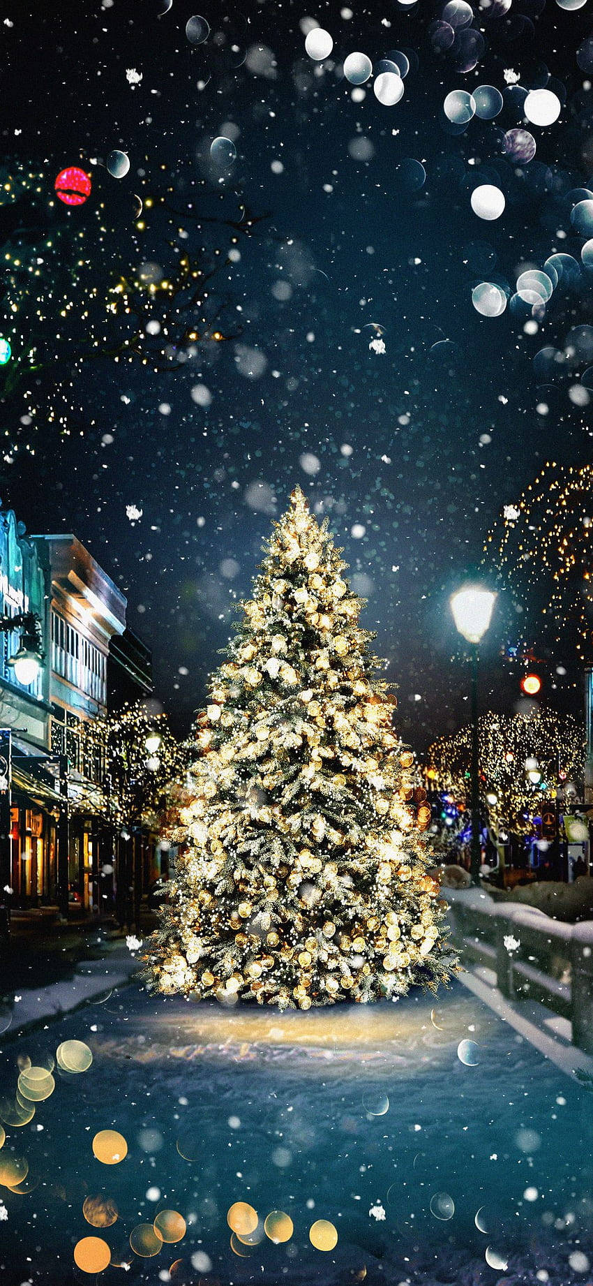 Christmas Forest 桌布 壁紙 — 一棵高聳的聖誕樹在夜間節日冬季小鎮廣場上，在飄落的雪花下溫暖地發光。