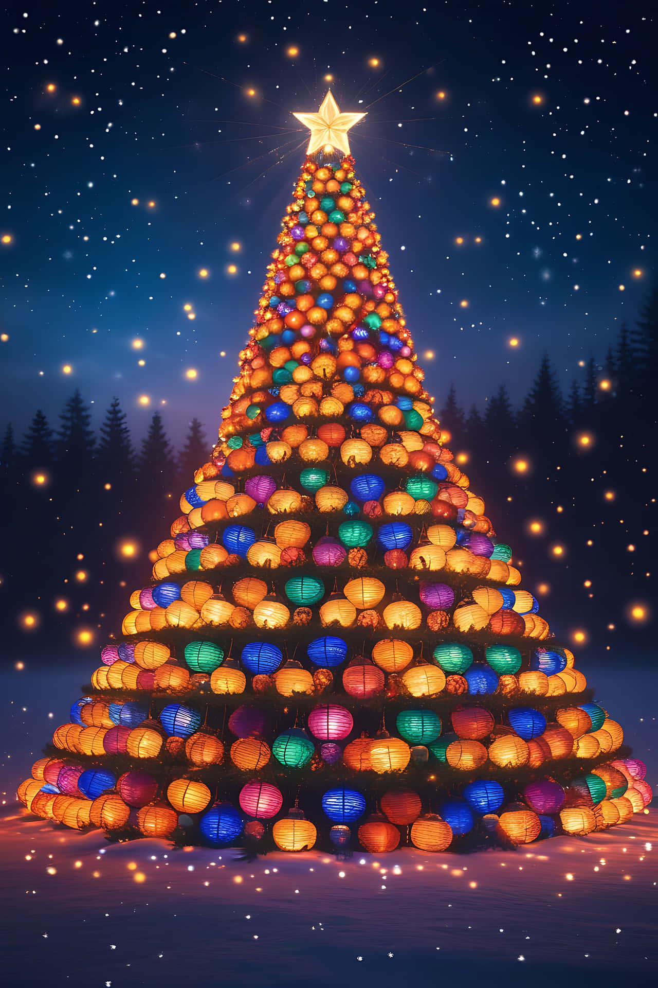 Colorful christmas tree at night 壁紙 — 一棵高聳的聖誕樹裝飾著發光的彩色紙燈籠，矗立在繁星點點的夜空下，雪花飄落。
