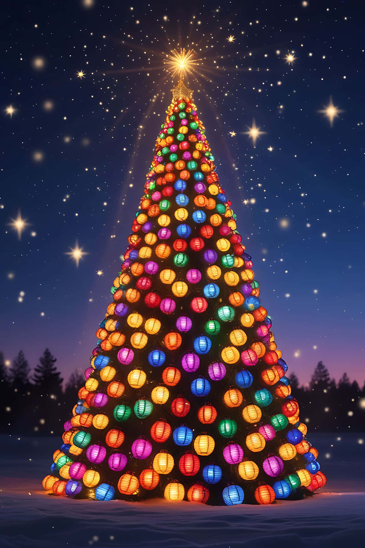Colorful christmas tree under starlit night 壁紙 — 一棵高聳的聖誕樹裝飾著發光的彩色燈籠，矗立在雪地中，星空下。