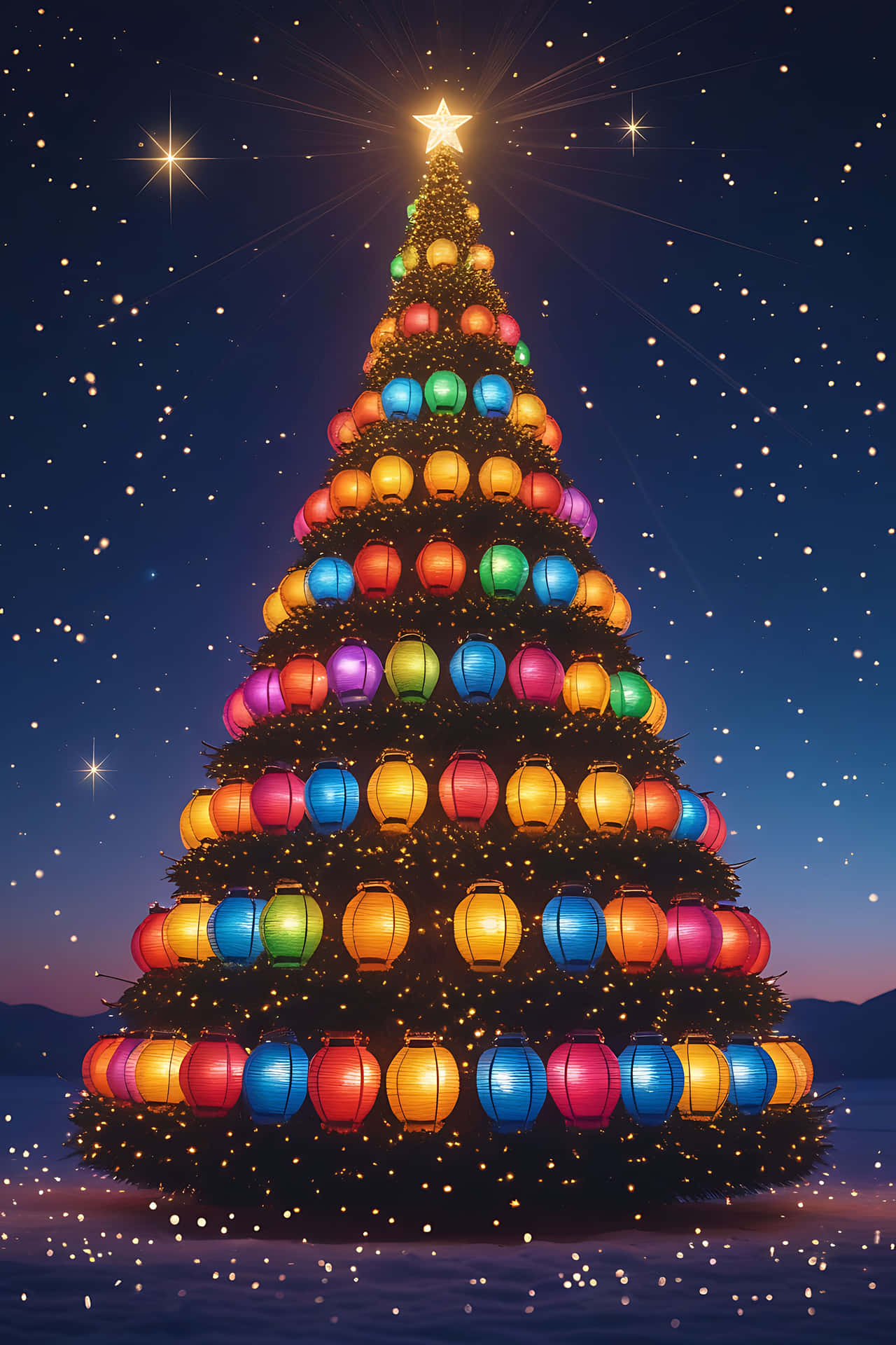 Colorful christmas tree under starlit sky 壁紙 — 一棵高聳的聖誕樹裝飾著鮮豔的彩虹燈籠，在星空下閃耀。
