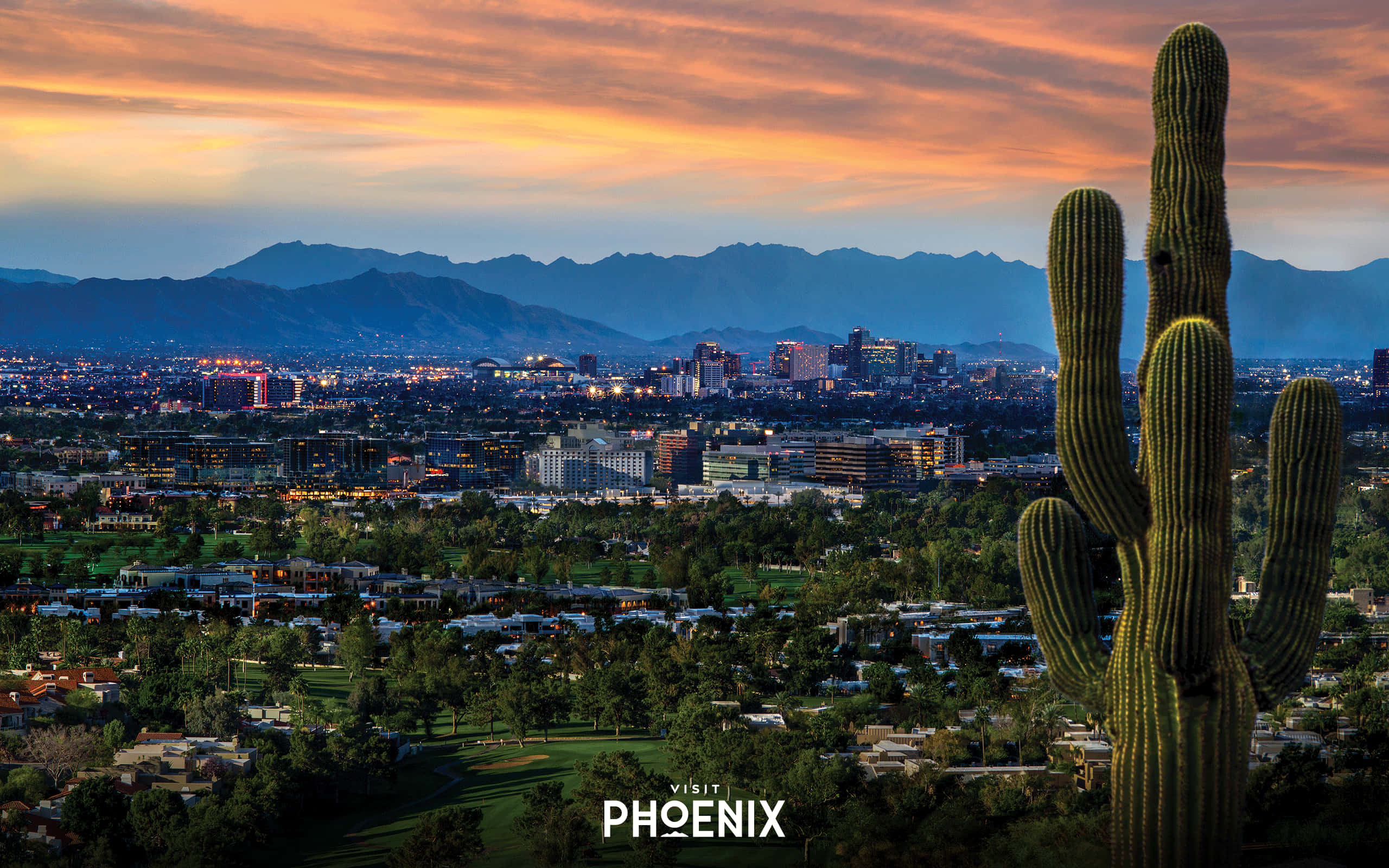 Phoenix Arizona 桌布 壁紙 — 一棵高聳的薩瓜羅仙人掌框住了在熾熱日落天空下閃耀的廣闊鳳凰城天際線。