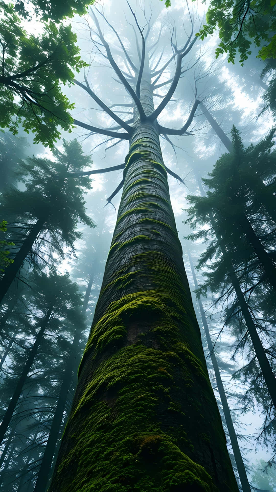 Ancient Tree in Misty Green Forest 壁紙 — 一棵高聳的長滿苔蘚的樹木穿過霧氣瀰漫的森林樹冠向上伸展，光禿的樹枝伸向多雲的天空。