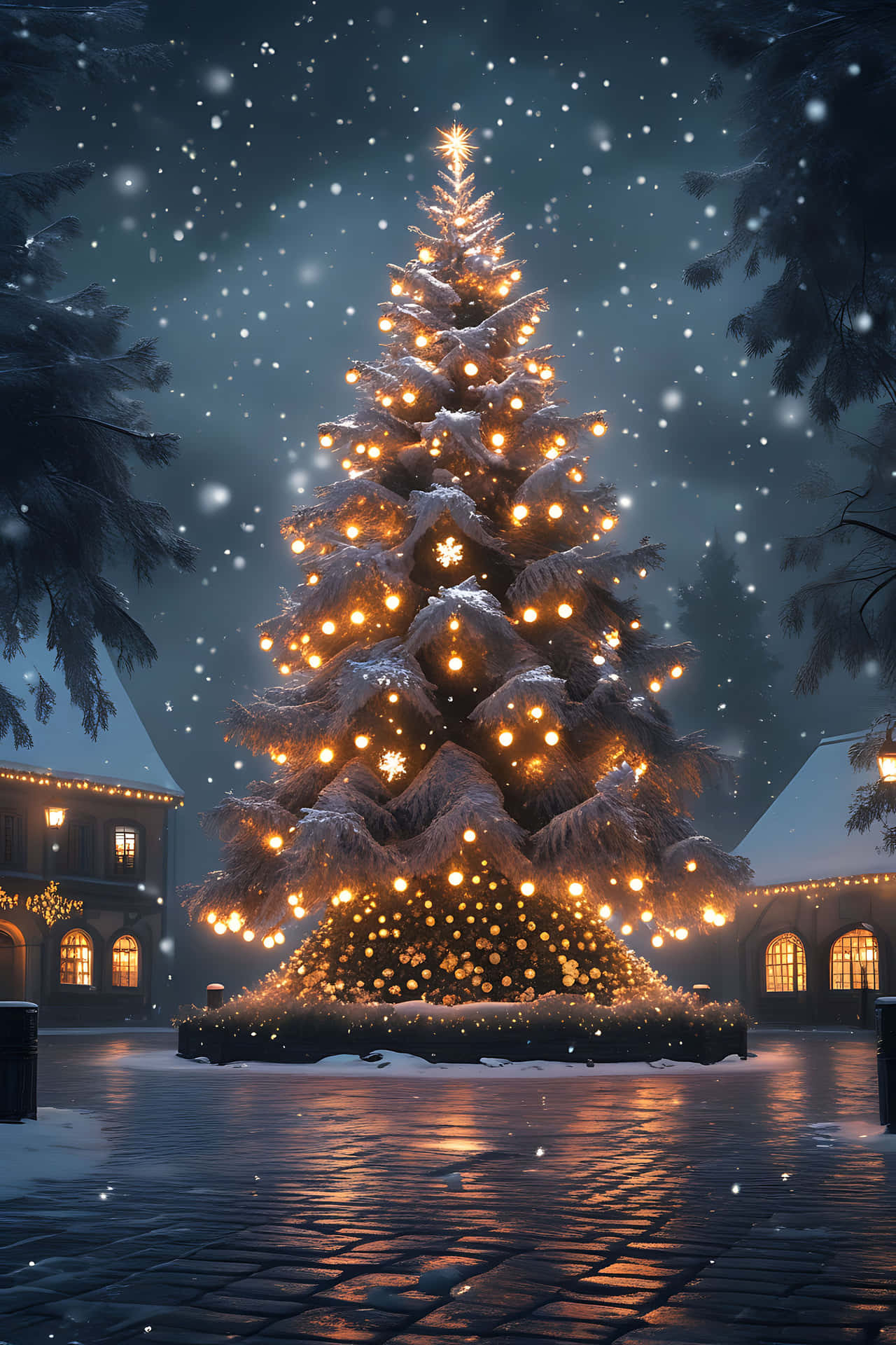 Illuminated christmas tree in snowy town square 壁紙 — 一棵高聳的雪覆蓋聖誕樹在飄雪的夜空下，散發著溫暖的金色光芒。