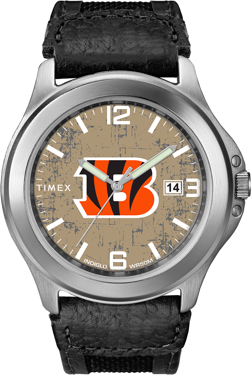 Cincinnati Bengals Logo 桌布 壁紙 — 一款 Timex 手錶，具有磨損的棕褐色錶盤，帶有辛辛那提孟加拉虎隊標誌和黑色皮革錶帶。