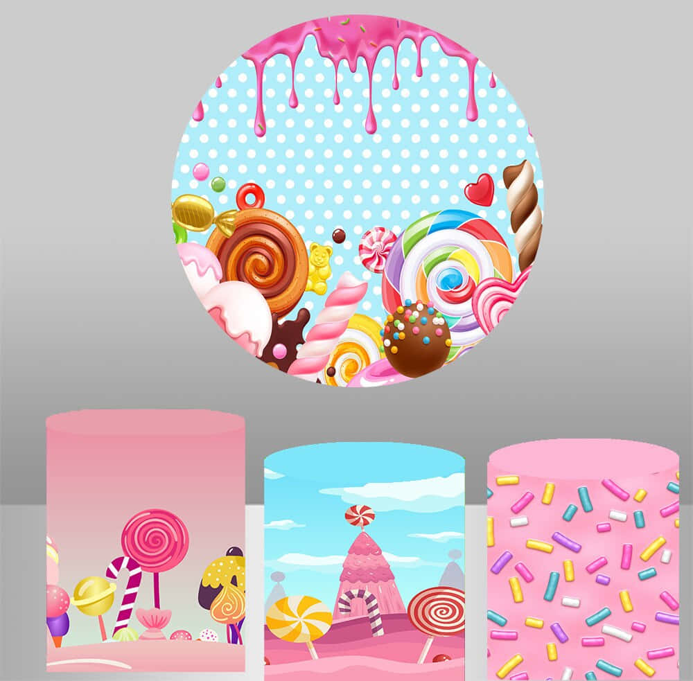 Candy Land 桌布 壁紙 — 一款以糖果為主題的奇幻壁紙，在充滿活力的粉彩風景中呈現棒棒糖漩渦和糖粒。