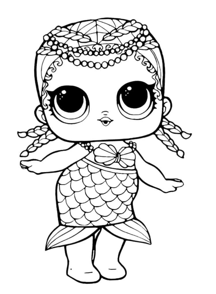 黑白 桌布 壁紙 — 一款以美人魚造型的LOL Surprise公仔黑白線條畫，擁有辮子頭髮和鱗片圖案尾巴。