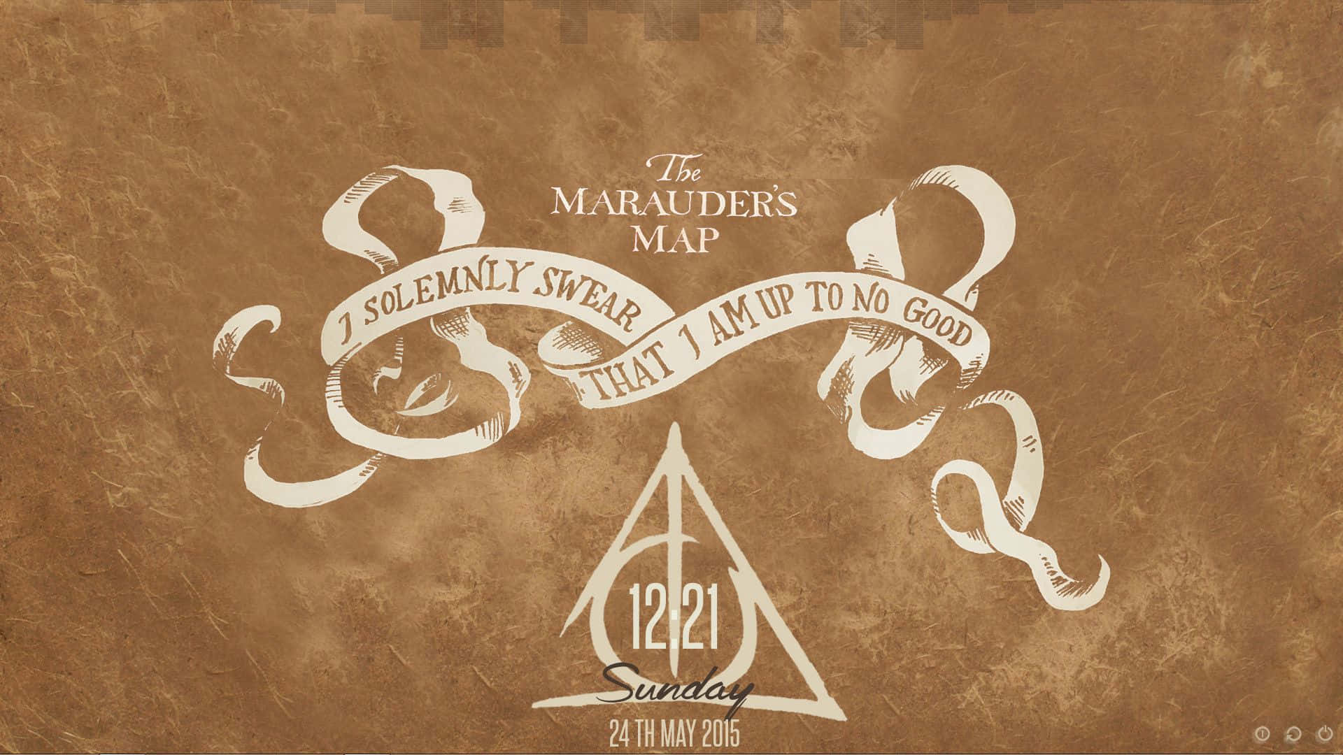 The Marauder's Map 桌布 壁紙 — 一款仿舊羊皮紙風格壁紙，上面有劫盜地圖，配以奶油色絲帶橫幅和日期印章，背景為紋理棕色。