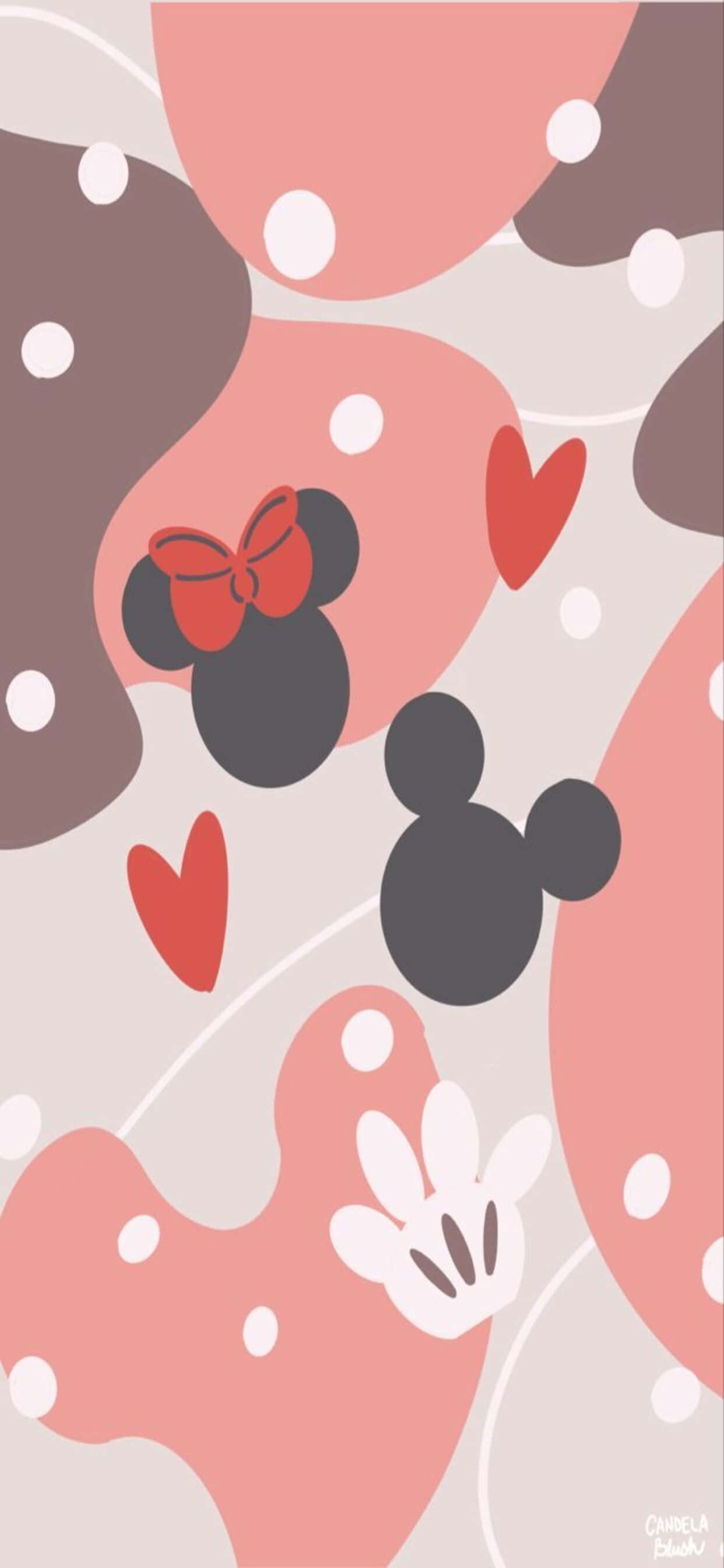 iPhone Xs Max Disney 桌布 壁紙 — 一款俏皮的壁紙，以柔和粉紅、棕色和白色色調，呈現風格化的米奇和米妮老鼠頭部、心形和圓點圖案。