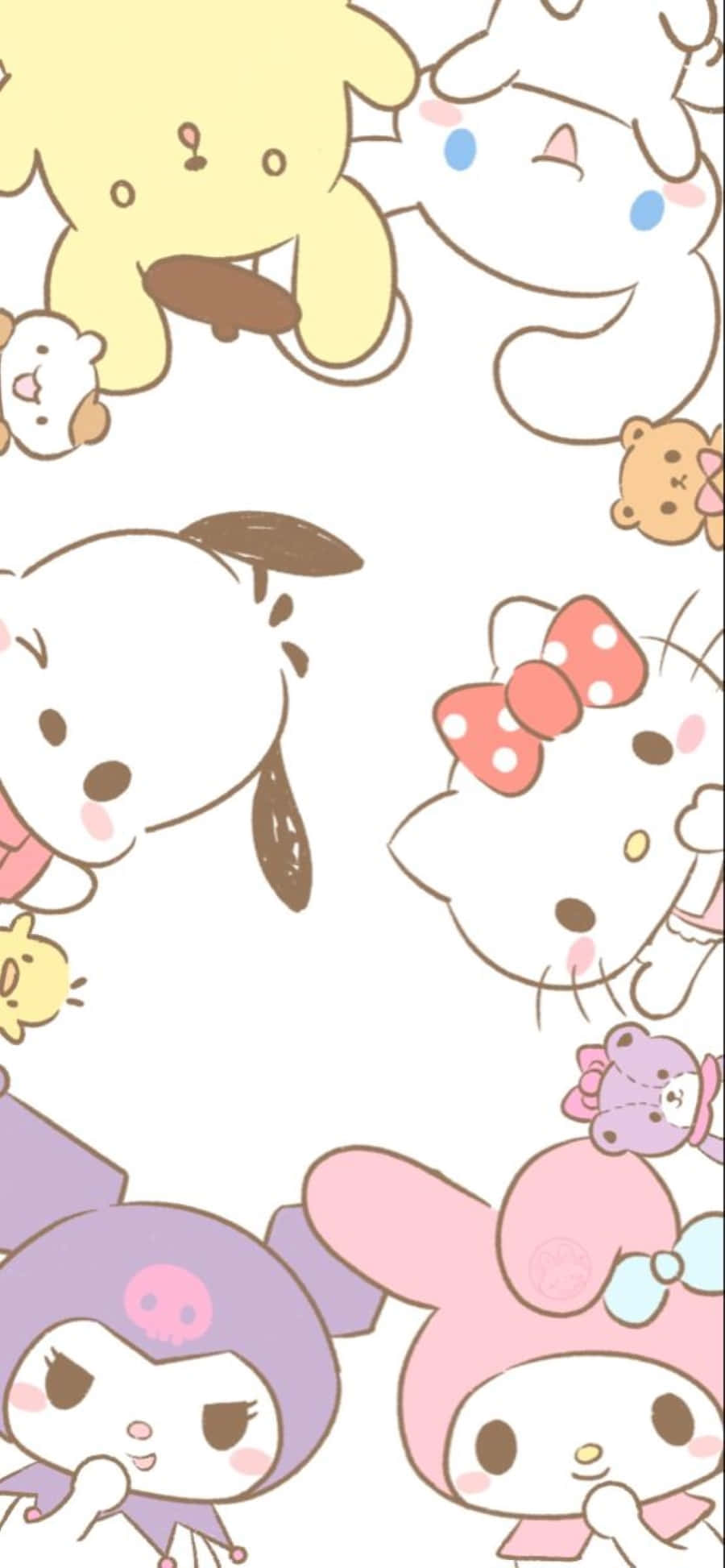 Hello Kitty And Friends 桌布 壁紙 — 一款俏皮的桌布，以白色背景上散落著可愛的Sanrio角色，如My Melody和Kuromi。