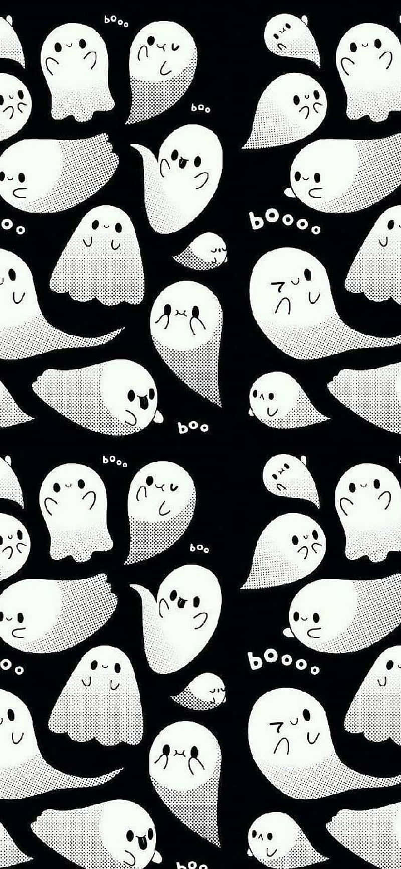 Cute Ghost 桌布 壁紙 — 一款俏皮的黑白壁紙，上面有可愛的卡通鬼魂和「boo」文字，散落在點狀背景上。