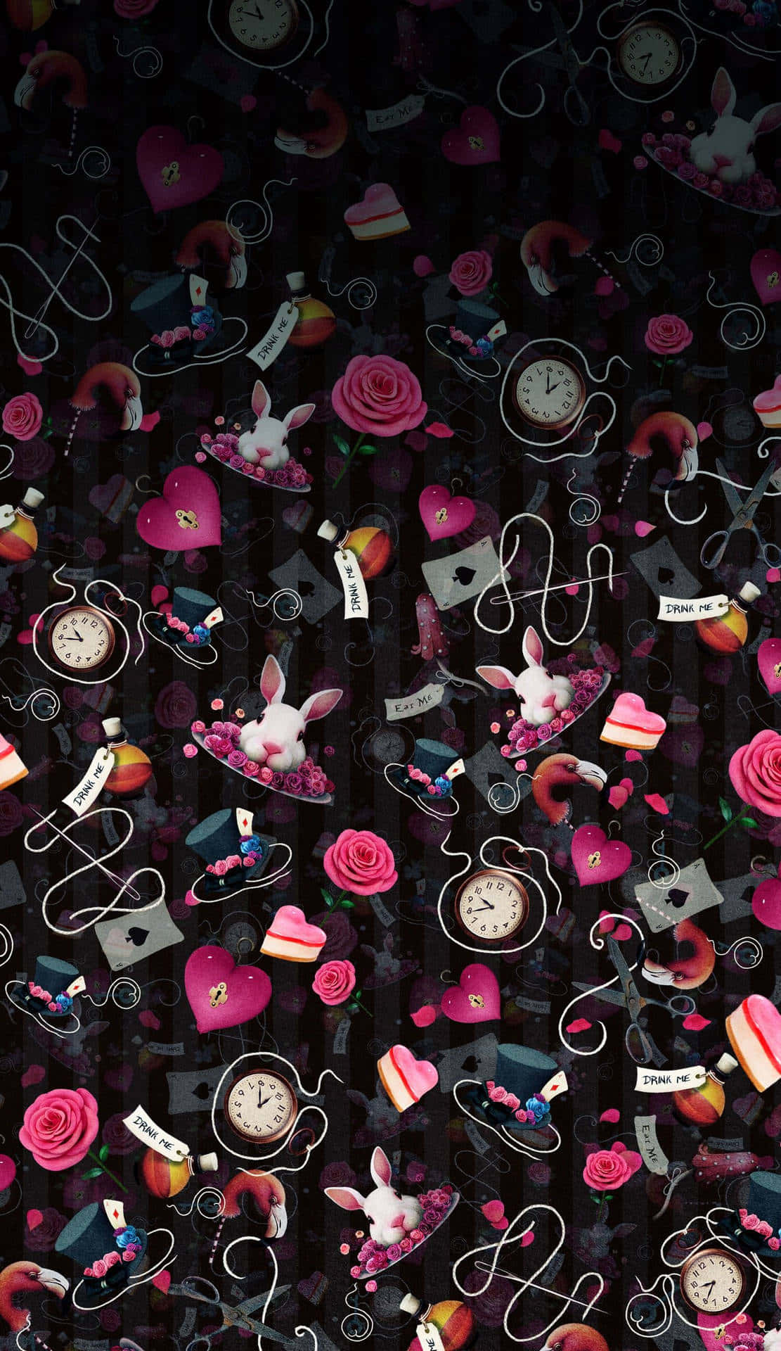 Alice Wonderland Aesthetic 桌布 壁紙 — 一款充滿奇幻風格的深色桌布，點綴著粉紅玫瑰、時鐘和漂浮在旋轉文字與撲克牌之間的白兔。