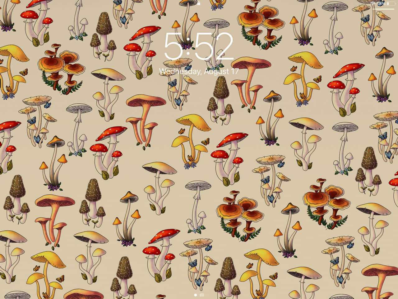 Mushroom Aesthetic 桌布 壁紙 — 一款充滿奇思妙想的壁紙，上面有色彩繽紛的插圖蘑菇，以大地色調呈現，背景為米色。