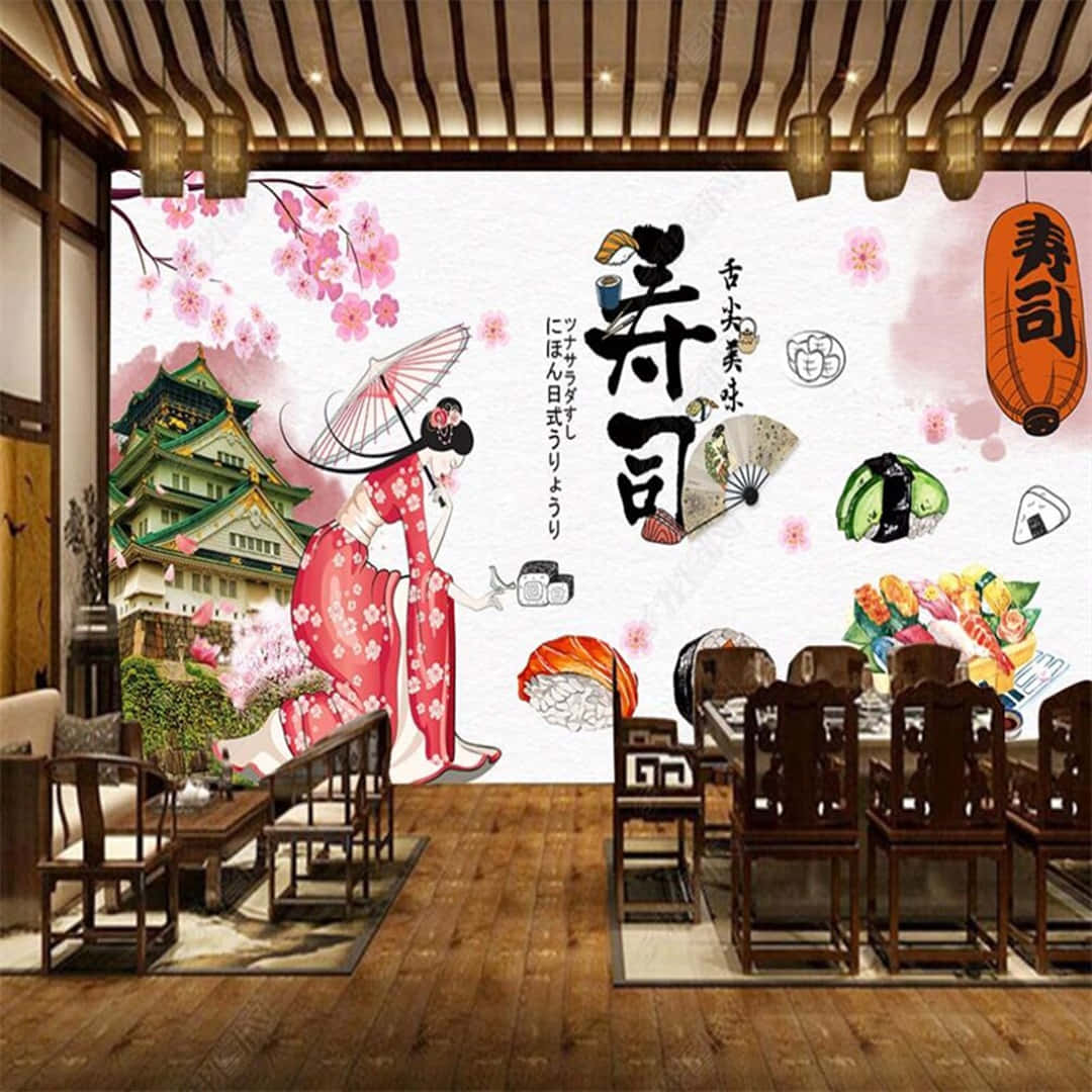 Restaurant 桌布 壁紙 — 一款充滿活力的日本主題壁紙，以藝妓、櫻花、壽司和城堡為特色，背景為餐廳場景。