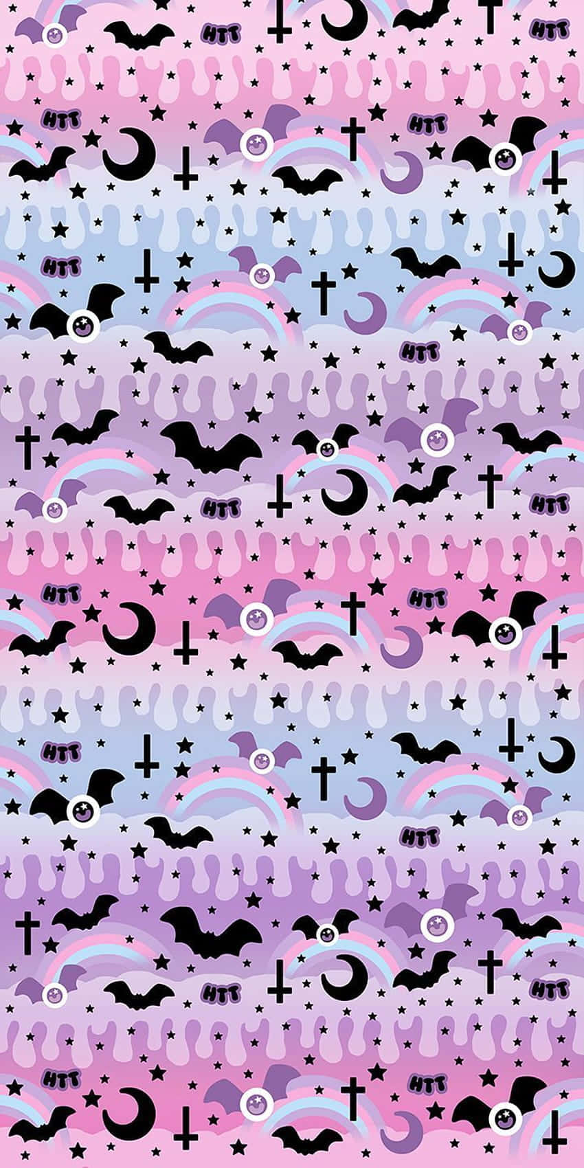 Pastel Halloween 桌布 壁紙 — 一款充滿重複蝙蝠、彩虹、十字架和星星的夢幻粉彩漸變壁紙，帶有俏皮的萬聖節主題。
