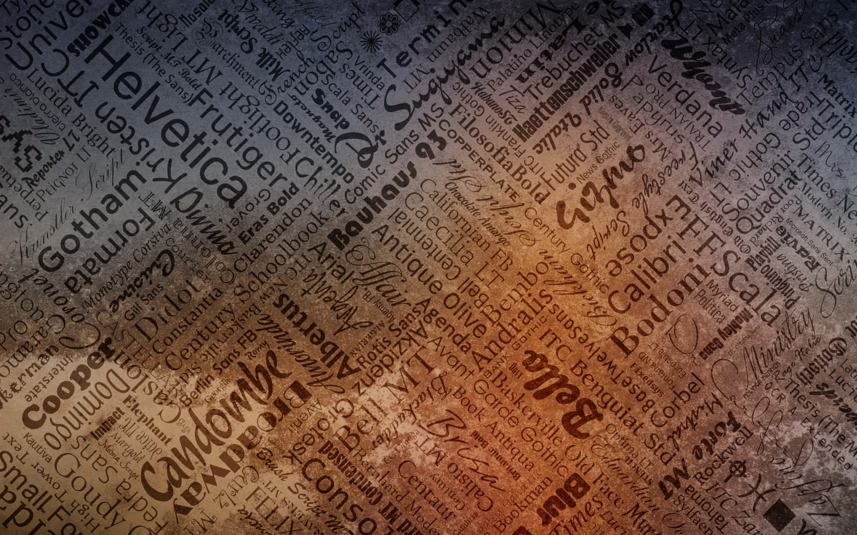 Typography 桌布 壁紙 — 一款具有紋理的壁紙，特色是密集的字體拼貼和溫暖的漸變燈光。