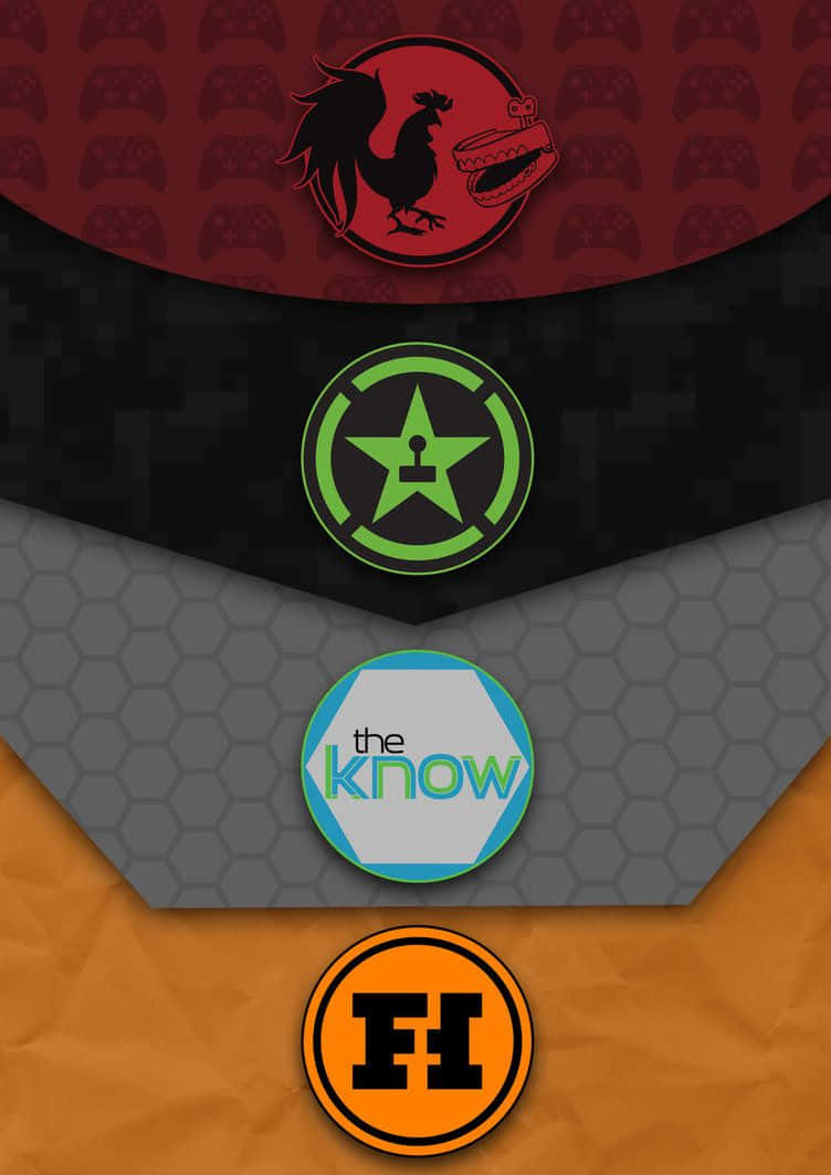 achievement hunter 桌布 壁紙 — 一款分層數位桌布，在幾何色塊上帶有四個不同的圓形標誌，並配有遊戲控制器圖案。