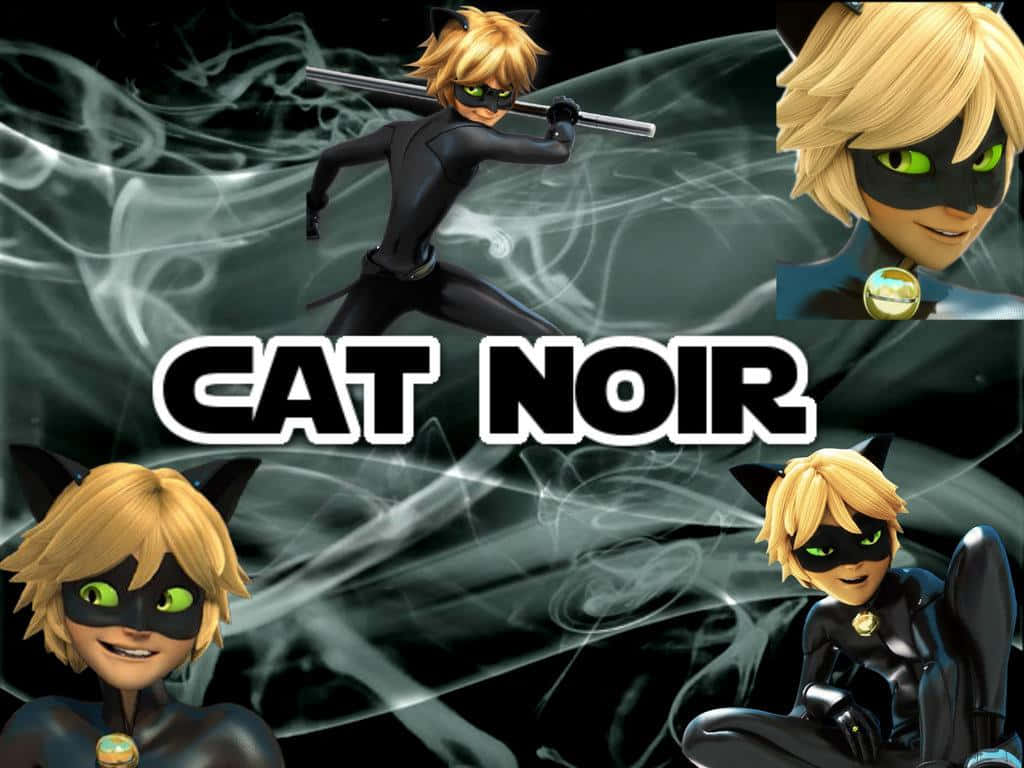 Ladybug And Cat Noir 桌布 壁紙 — 一款動感十足的動漫風格桌布， featuring Cat Noir 以多種姿勢呈現，背景是旋轉的煙霧，並帶有粗體標題文字。