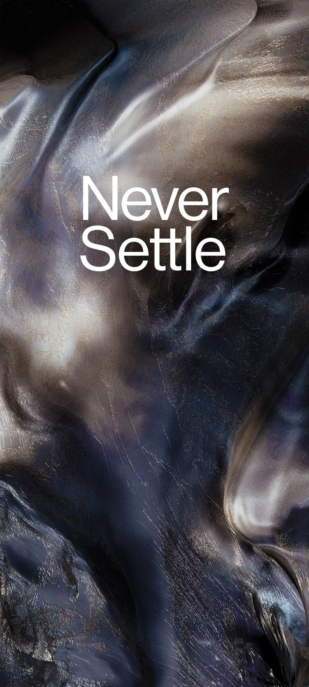Never Settle 桌布 壁紙 — 一款動態抽象桌布，帶有流動的金屬紋理和粗體白色文字「Never Settle」。