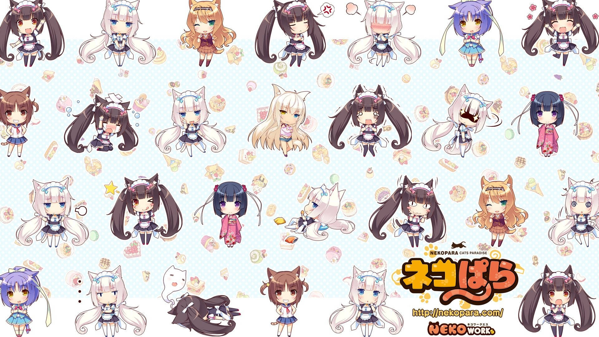 Nekopara 桌布 壁紙 — 一款包含多個Q版風格、帶有貓耳和貓尾、身穿粉彩服飾的動漫女孩，背景為淺藍色並散落著糖果的壁紙。