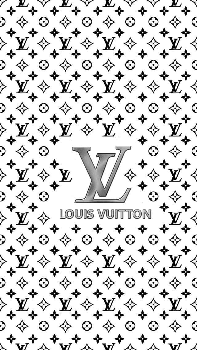 桌布 壁紙 — 一款單色Louis Vuitton桌布，帶有重複的LV字母組合和花卉圖案，中央有一個大型金屬標誌。